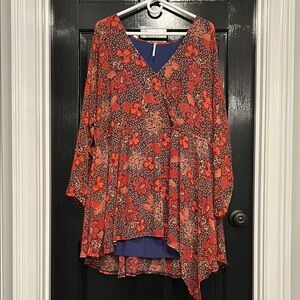Free People Teegan Mini Dress Red Peach Combo Faux Wrap Tie Waist Small